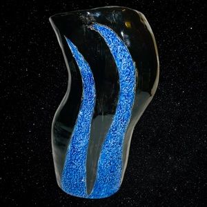 Vintage Studio Art Pottery Curved Blue & Black Vase Signed By Artist 8.25”T